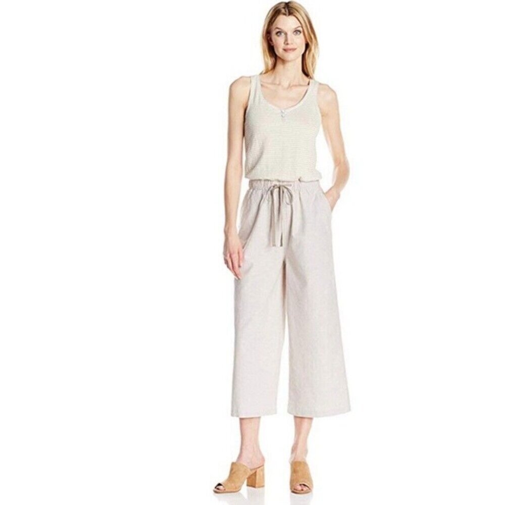 Woolrich Cream EcoRich Linen Striped Wide Leg Jumpsuit/romper in Vintage Khaki L